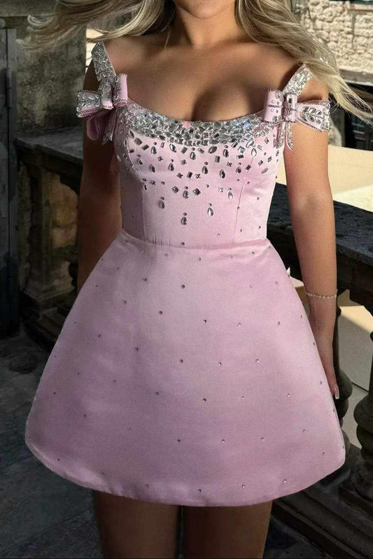 Crystal Embellished Off-the-Shoulder Bow Mini Dress