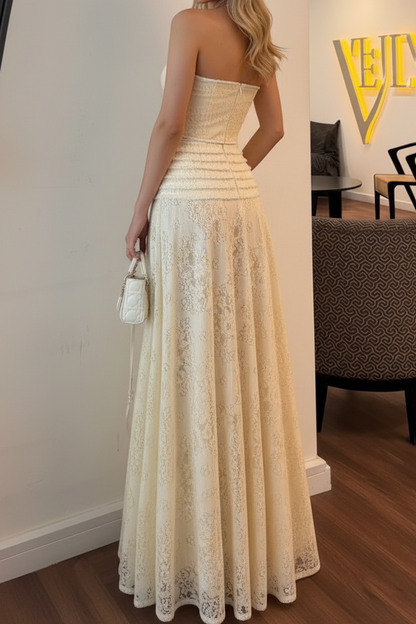 Strapless Floral Lace Crop Top and Maxi Skirt Set