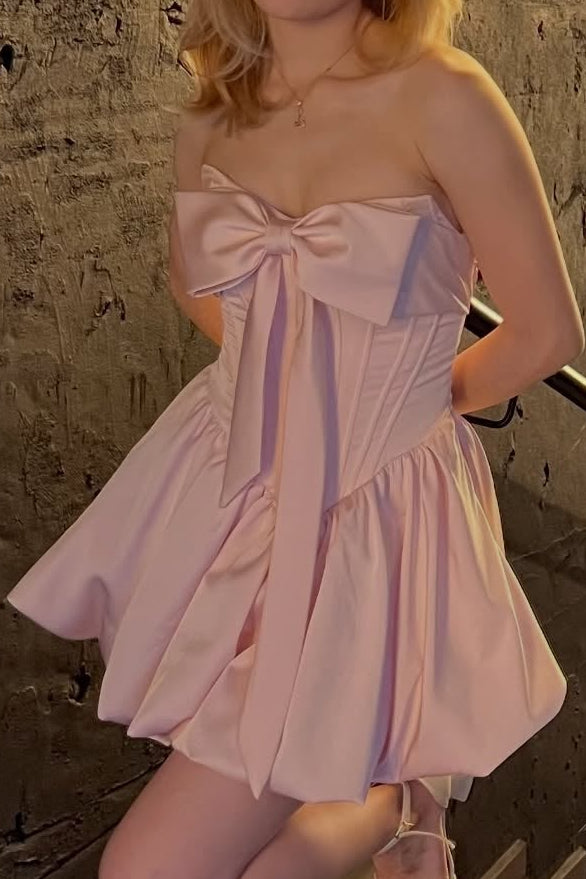 Strapless Corset Satin Mini Dress with Front Bow