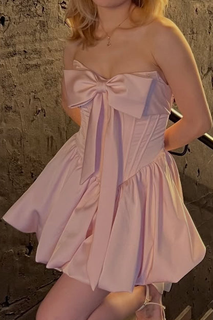 Strapless Corset Satin Mini Dress with Front Bow