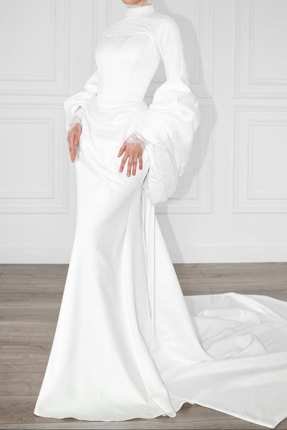 High Neck Satin Wedding Dress with Dramatic Bow