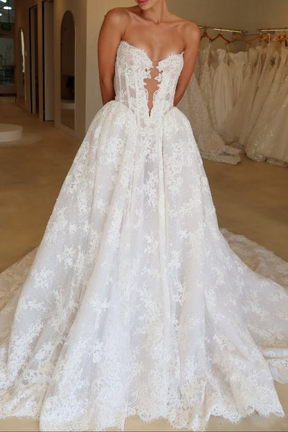 Strapless Plunging Corset Lace Ball Gown Wedding Dress