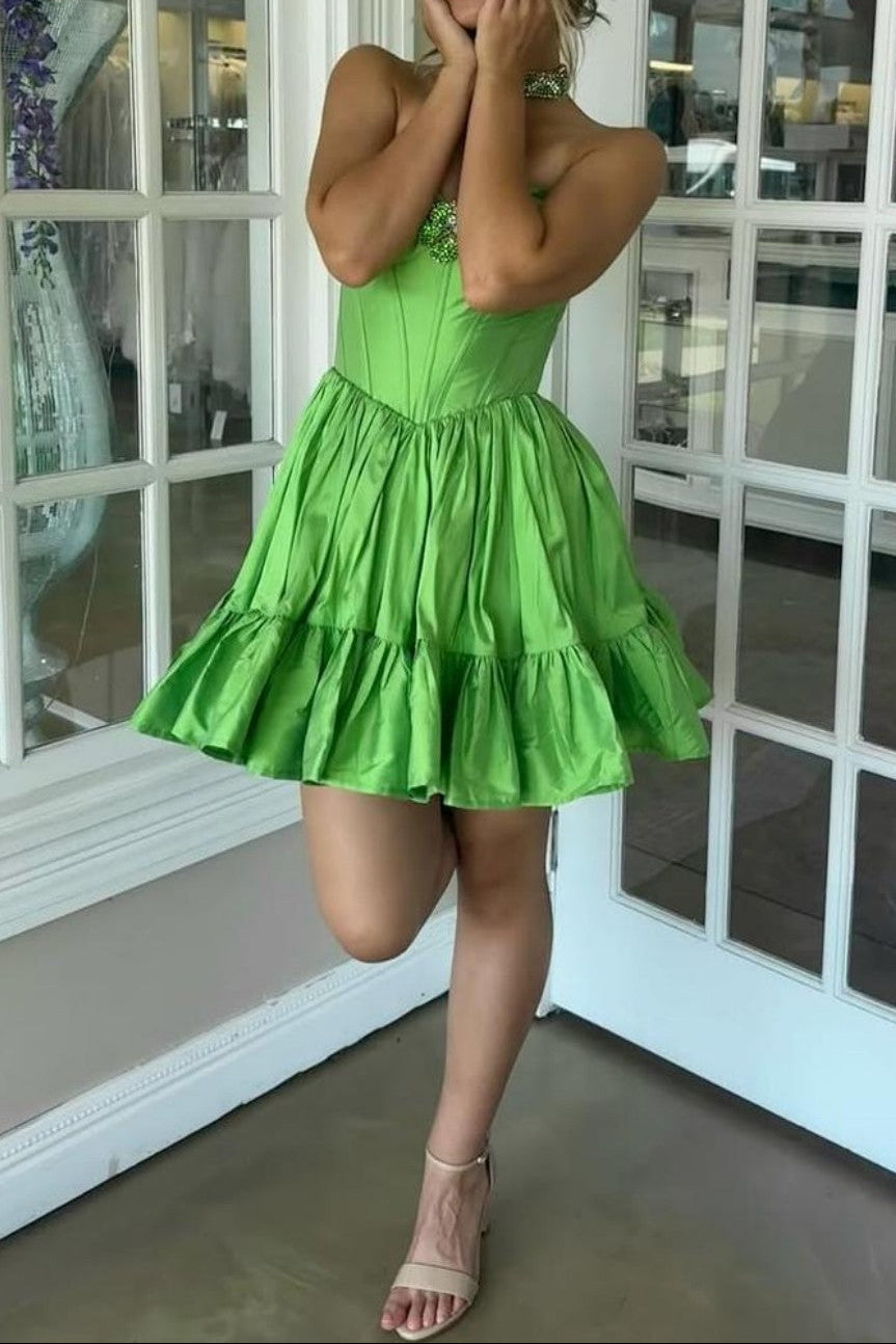 Strapless Corset Taffeta Mini Dress with Ruffled Skirt