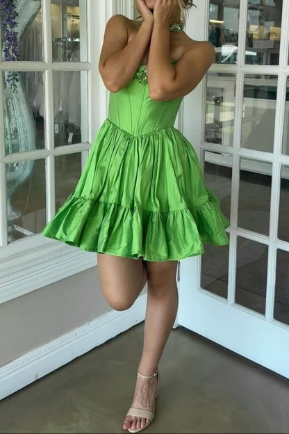 Strapless Corset Taffeta Mini Dress with Ruffled Skirt