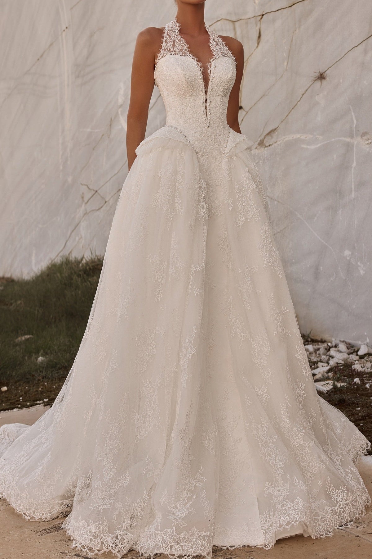 Lace Halter A-Line Wedding Dress with Basque Waist