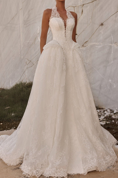 Lace Halter A-Line Wedding Dress with Basque Waist