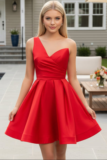 One-Shoulder Pleated Satin A-Line Mini Dress