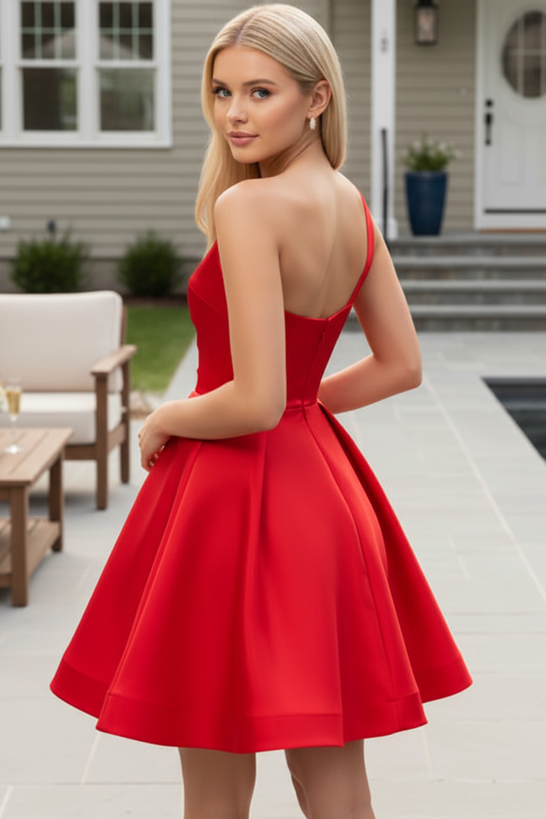 One-Shoulder Pleated Satin A-Line Mini Dress
