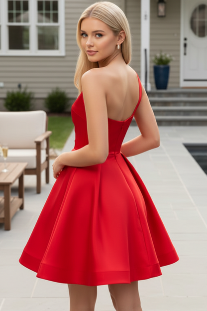 One-Shoulder Pleated Satin A-Line Mini Dress