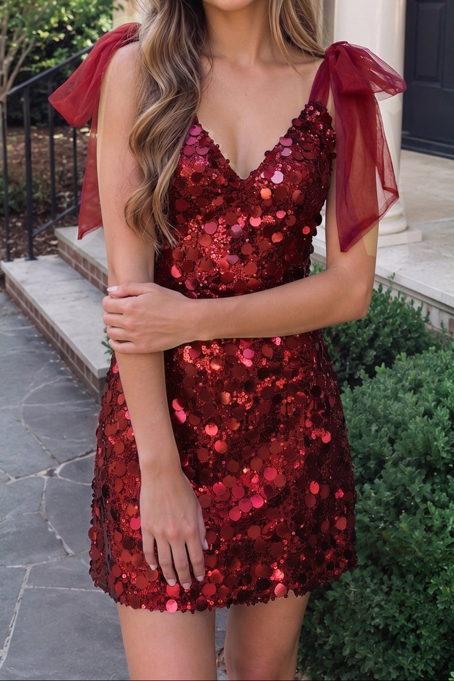Sequin Mini Dress with Tulle Shoulder Bows