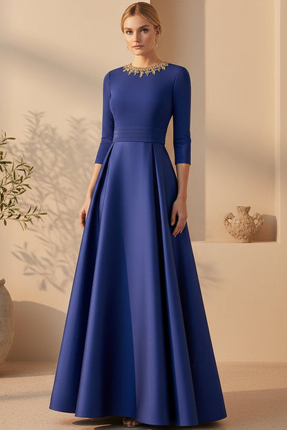 Beaded Bateau 3/4 Sleeve A-Line Gown