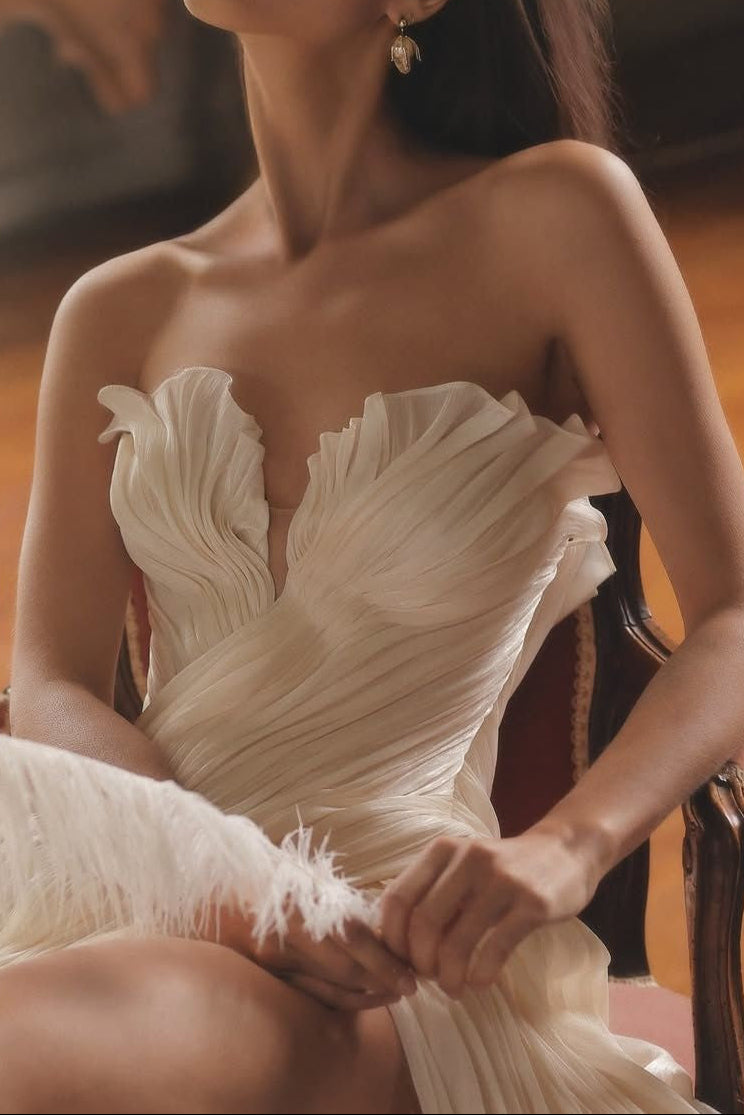 Strapless Ruched Satin Gown with High Slit