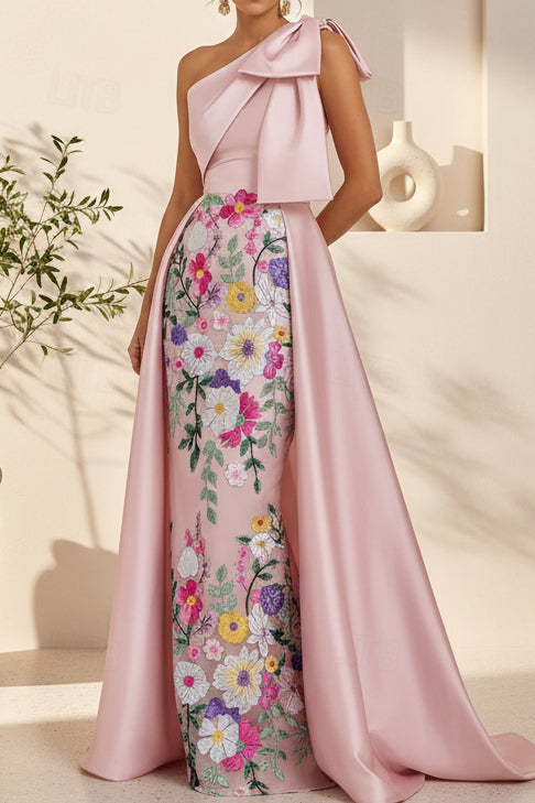 One Shoulder Bow Satin Gown with Floral Embroidered Skirt