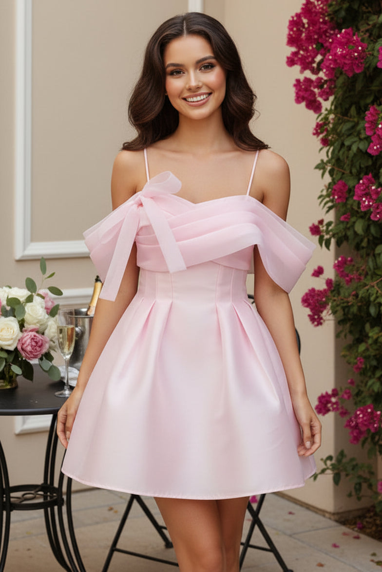 Pleated Mini Dress with Sheer Draped Bow Bodice