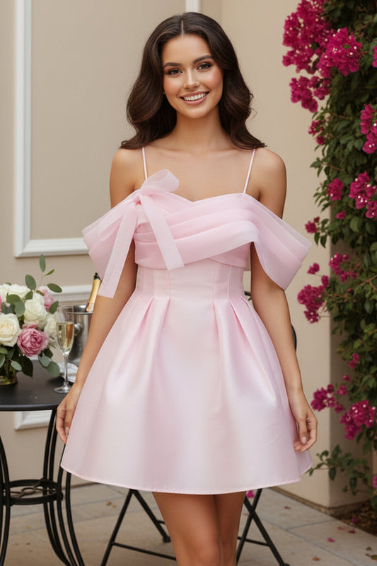 Pleated Mini Dress with Sheer Draped Bow Bodice