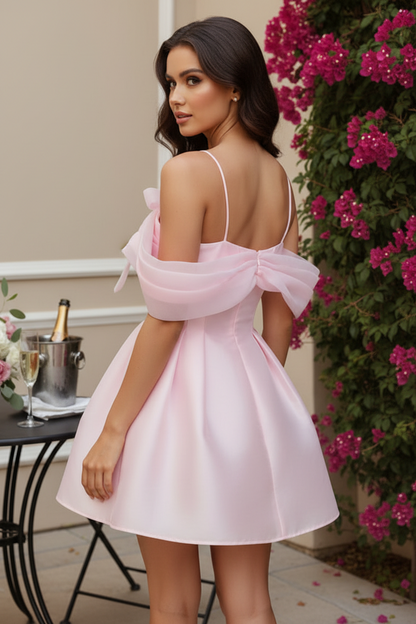 Pleated Mini Dress with Sheer Draped Bow Bodice