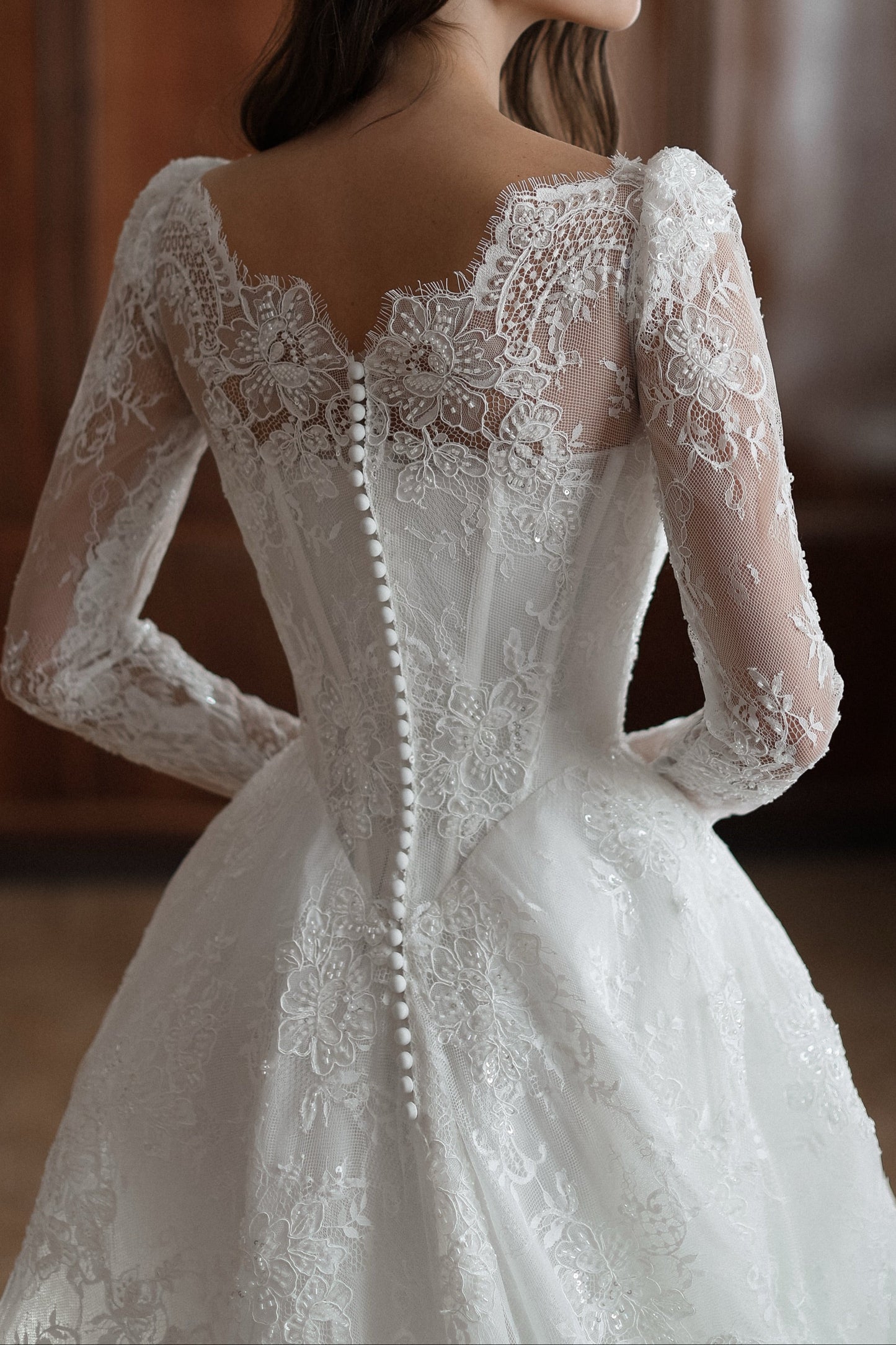 Long-Sleeve Lace Ball Gown Wedding Dress with V-Back