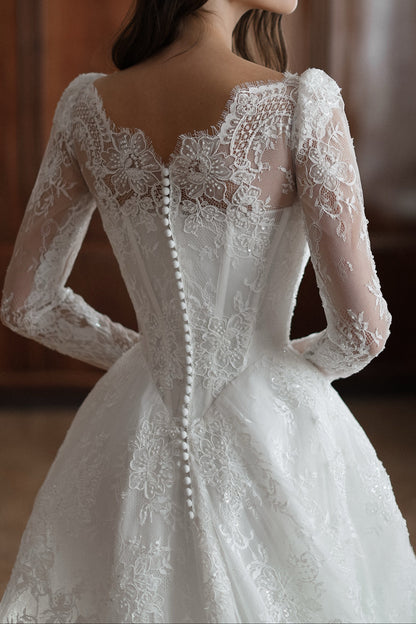 Long-Sleeve Lace Ball Gown Wedding Dress with V-Back