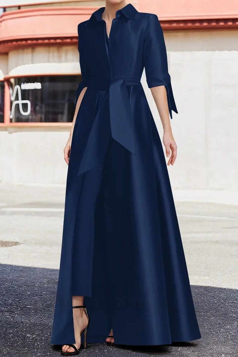 Elbow Sleeve Shirt Collar A-Line Maxi Dress with Sash