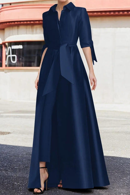 Elbow Sleeve Shirt Collar A-Line Maxi Dress with Sash