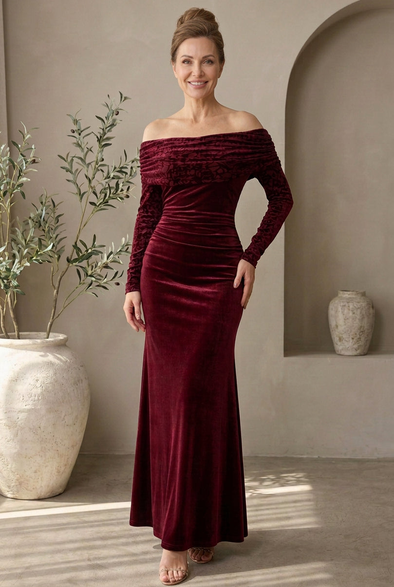 Off-the-Shoulder Ruched Velvet Maxi Dress