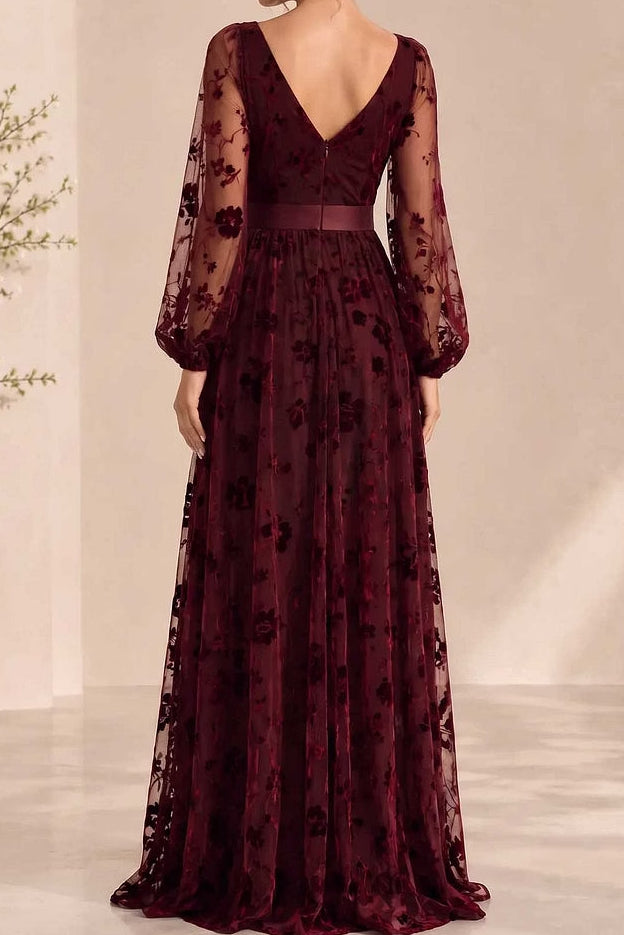 Floral Burnout Deep V-Neck Slit Gown