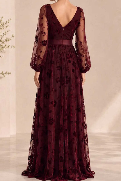 Floral Burnout Deep V-Neck Slit Gown