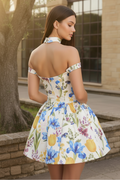 Off-the-Shoulder Floral Print Mini Dress with Choker
