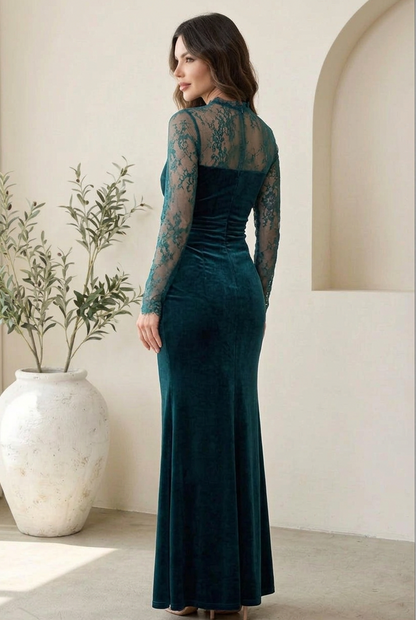 Velvet Maxi Gown with Lace Illusion Neck and Bow