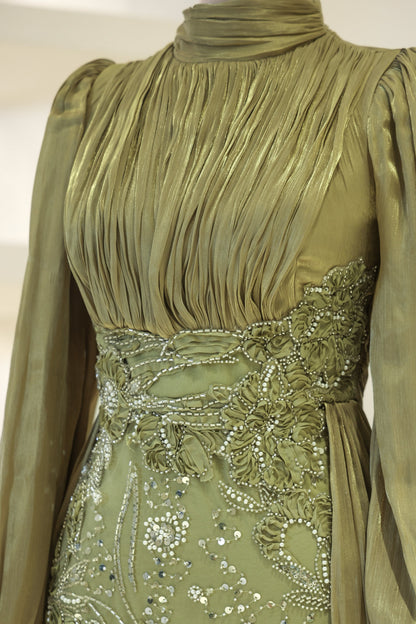 Long-Sleeve High-Neck Evening Gown with Floral Beaded Skirt