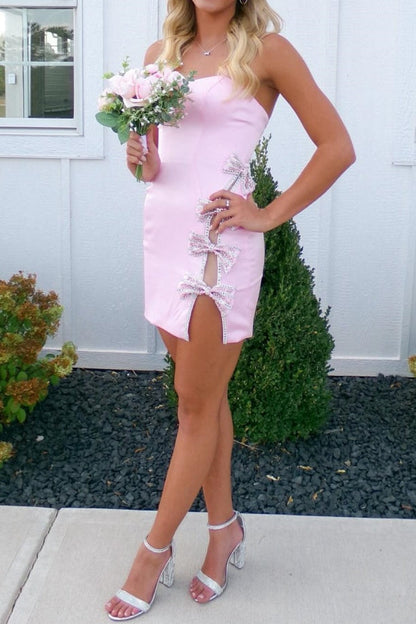 Strapless Satin Mini Dress with Crystal Bow Details