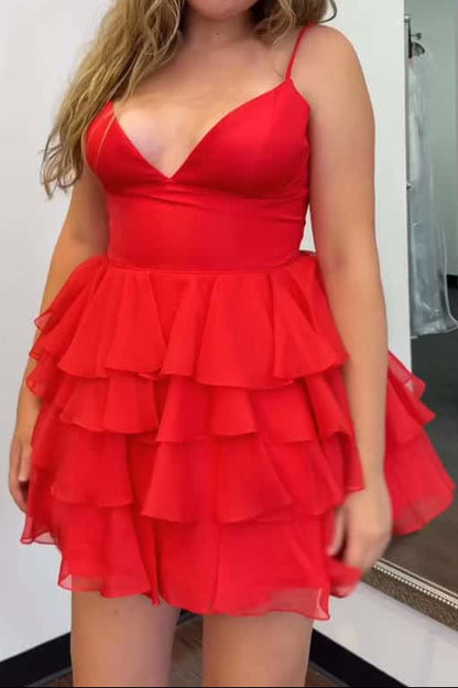 Tiered Ruffle V-Neck Spaghetti Strap Mini Dress