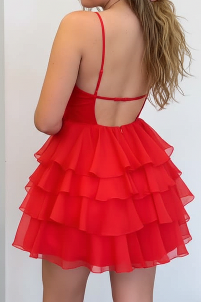 Tiered Ruffle V-Neck Spaghetti Strap Mini Dress