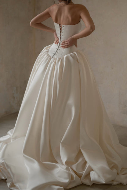 Strapless Basque Corset Satin Ball Gown Wedding Dress