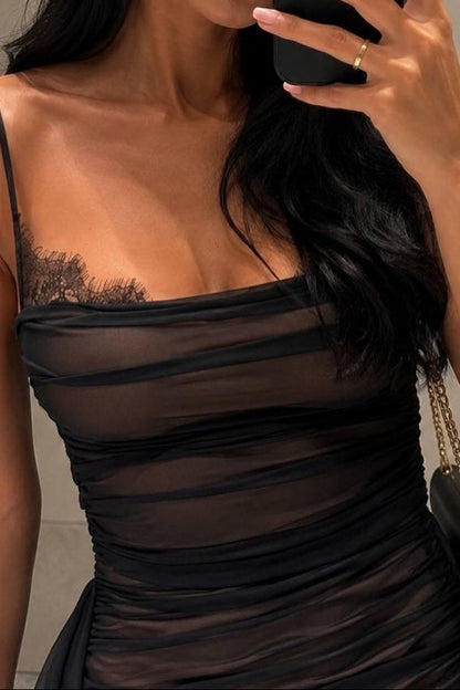 Ruched Mesh Bodycon Mini Dress with Draped Sash