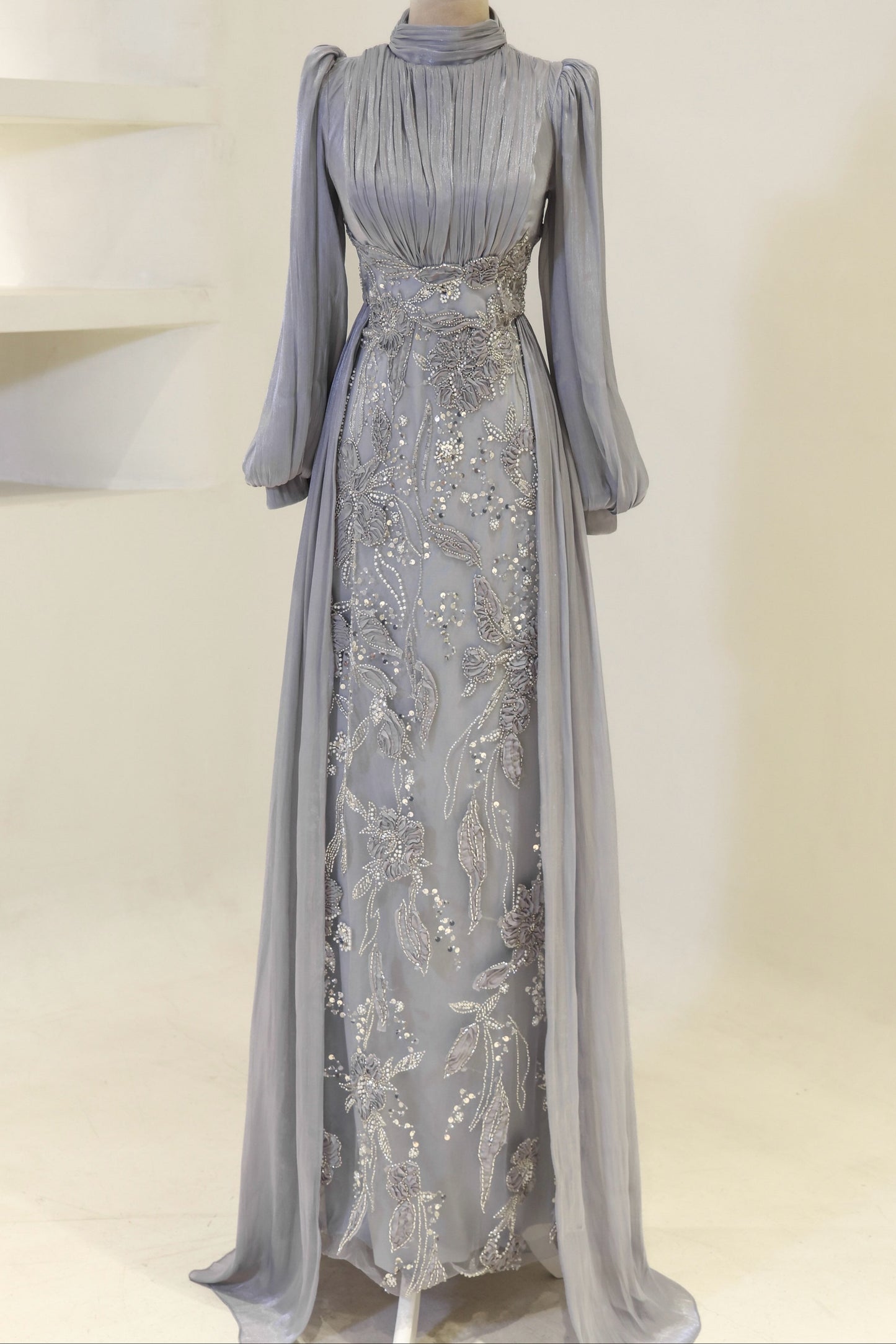 Long-Sleeve High-Neck Evening Gown with Floral Beaded Skirt