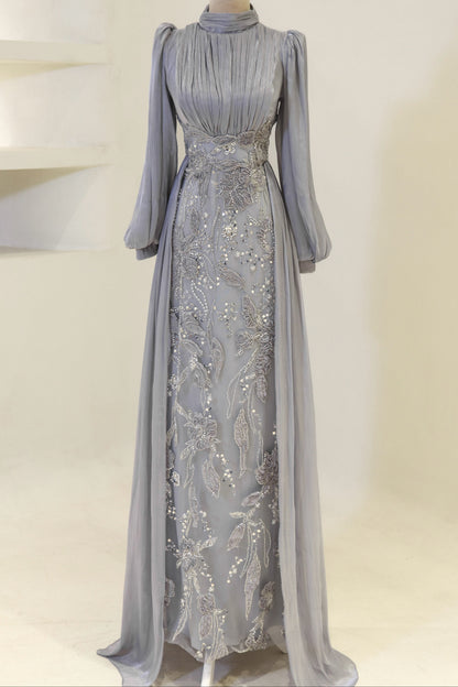 Long-Sleeve High-Neck Evening Gown with Floral Beaded Skirt