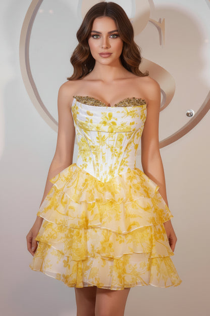 Strapless Floral Corset Ruffled Mini Dress