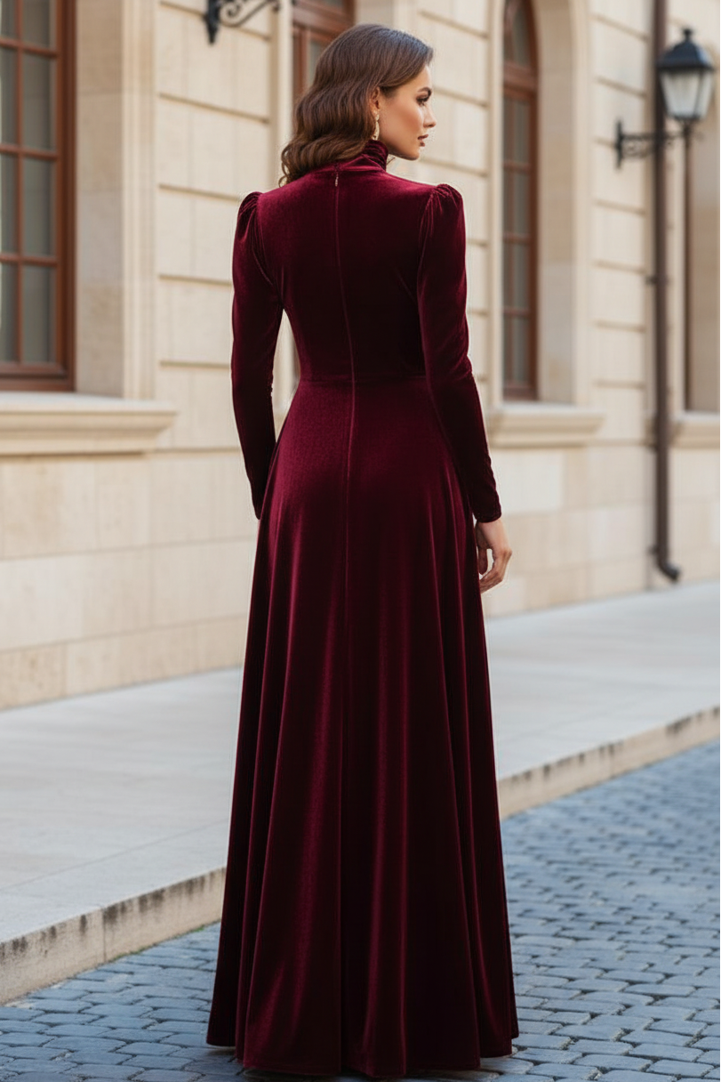 High Neck Velvet A-Line Maxi Dress with Long Sleeves