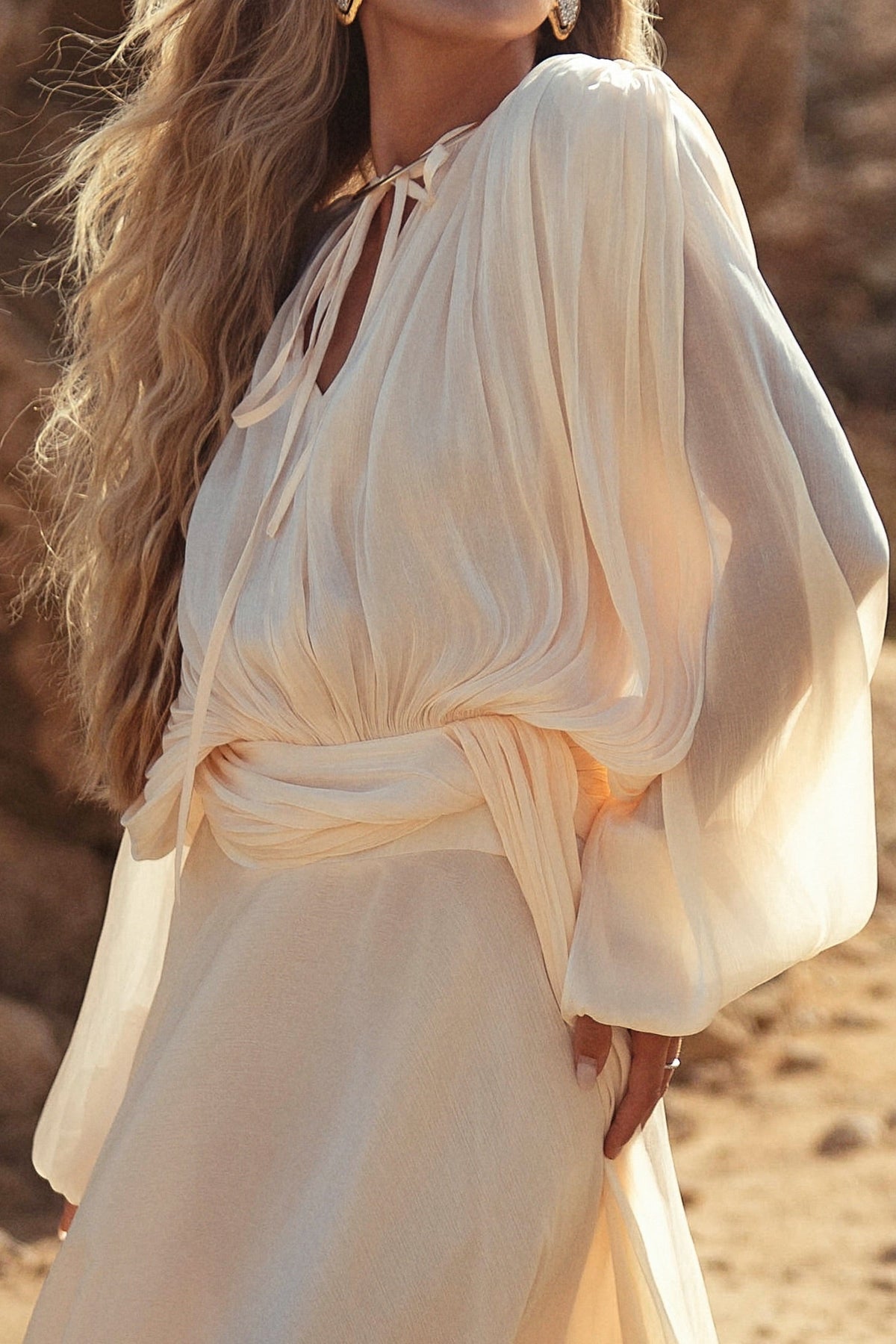 Tie-Neck Maxi Dress with Bishop Sleeves