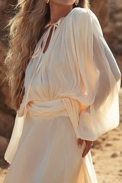 Tie-Neck Maxi Dress with Bishop Sleeves