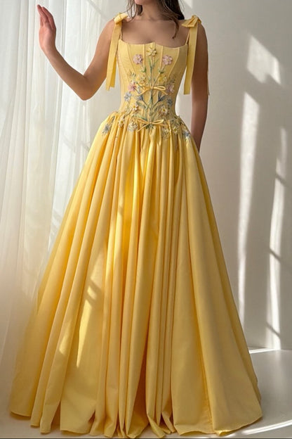 Embroidered Corset A-Line Ball Gown with Bow Straps