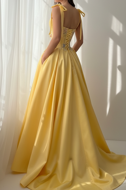 Embroidered Corset A-Line Ball Gown with Bow Straps