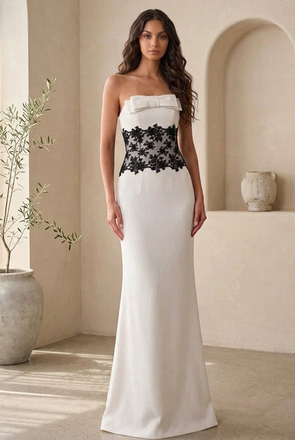 Strapless Bow Evening Gown with Lace Corset Back