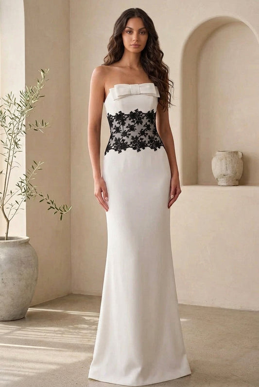Strapless Bow Evening Gown with Lace Corset Back