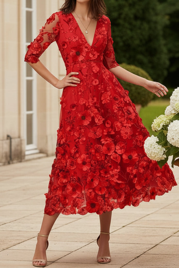3D Floral Lace Deep V-Neck Midi Dress with Pockets