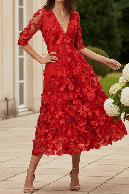 3D Floral Lace Deep V-Neck Midi Dress with Pockets