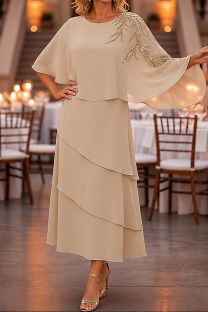 Tiered Midi Dress with Embellished Capelet