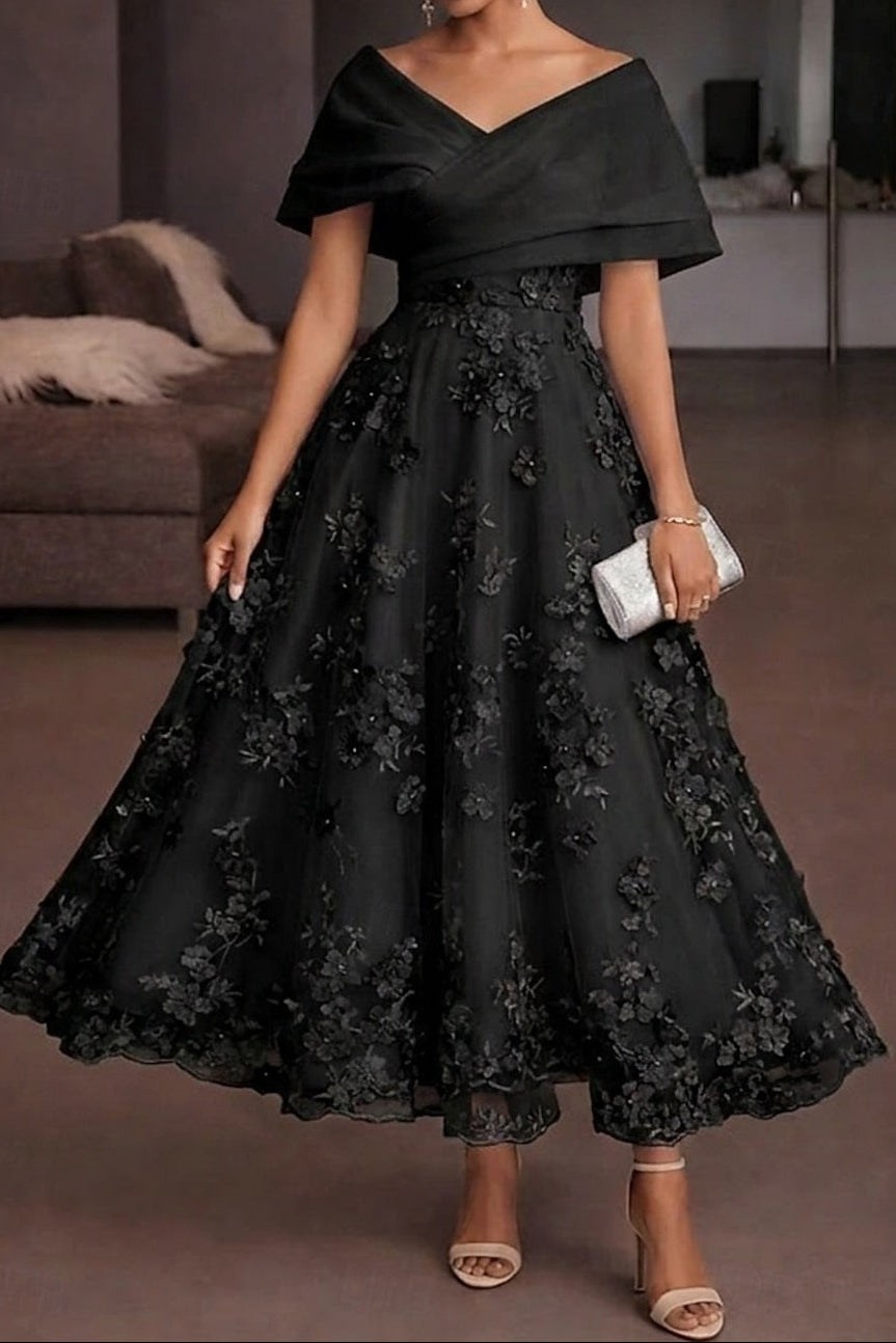 Off-Shoulder 3D Floral Tea-Length Evening Dress