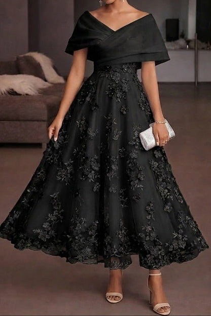 Off-Shoulder 3D Floral Tea-Length Evening Dress